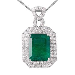 14KT White Gold Emerald and Diamond Pendant and Chain-#1533