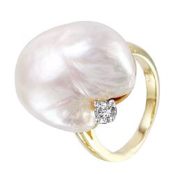14KT Yellow Gold Diamond and Pearl Ring-#1357