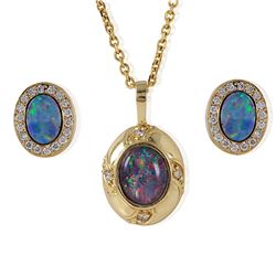 14KT Yellow Gold Diamond and Opal Necklace and Earrings-#100