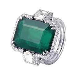 18KT White Gold Emerald and Diamond Ring-#917