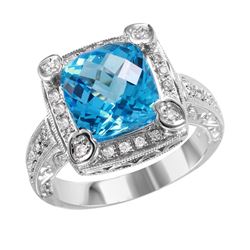 NEW 14KT White Gold Blue Topaz and Diamond Ring-#1994