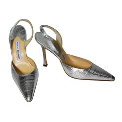 NEW Manolo Blahnik Shoes Silver Carolyne Crocodile Slingback Heels Size 39.5-#623