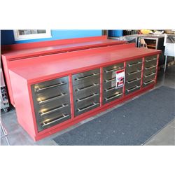 10' HEAVY DUTY METAL WORK BENCH WITH 20 DRAWERS AND 40" HANGING WALL BACK SPLASH