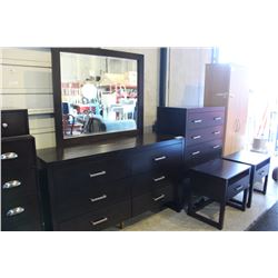 6 DRAWER DRESSER WITH MIRROR, 5 DRAWER HIGHBOY AND 2 NIGHT STANDS