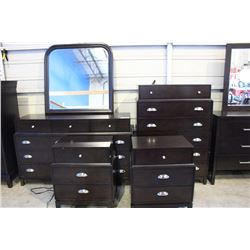 9 DRAWER DRESSER WITH MIRROR, 6 DRAWER HIGHBOY, AND 2 NIGHT STANDS