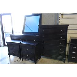 6 DRAWER DRESSER WITH MIRROR, 5 DRAWER HIGHBOY AND 2 NIGHT STANDS