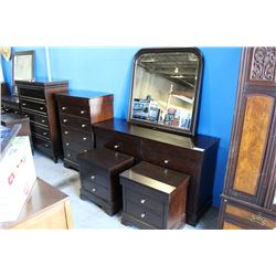 6 DRAWER DRESSER WITH MIRROR, 5 DRAWER HIGHBOY AND 2 NIGHT STANDS