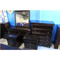 6 DRAWER DRESSER WITH MIRROR, 5 DRAWER HIGHBOY AND 2 NIGHT STANDS