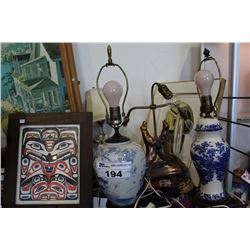 SHELF LOT OF MISC ITEMS; NATIVE ITEMS, POLAR EXPRESS LAMPS, AND MORE