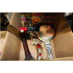 BOX OF BRASS ORNAMENTS AND BOX OF AVON COLLECTABLES