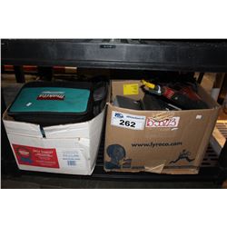 2 BOXES OF MISC ELECTRONICS AND TOOLS