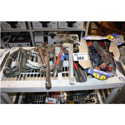 SHELF LOT OF CLAMPS AND WRENCHES AND WOOD PLAINERS