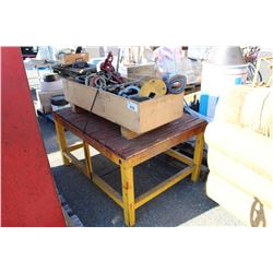 WORK TABLE AND CRATE OF BUCKLES, SINCHES, CHAINS AND MORE