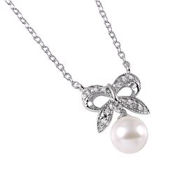 Sterling Silver Rhodium Plated CZ Encrusted Bow With Hanging Synthetic Pearl -  BGP00499