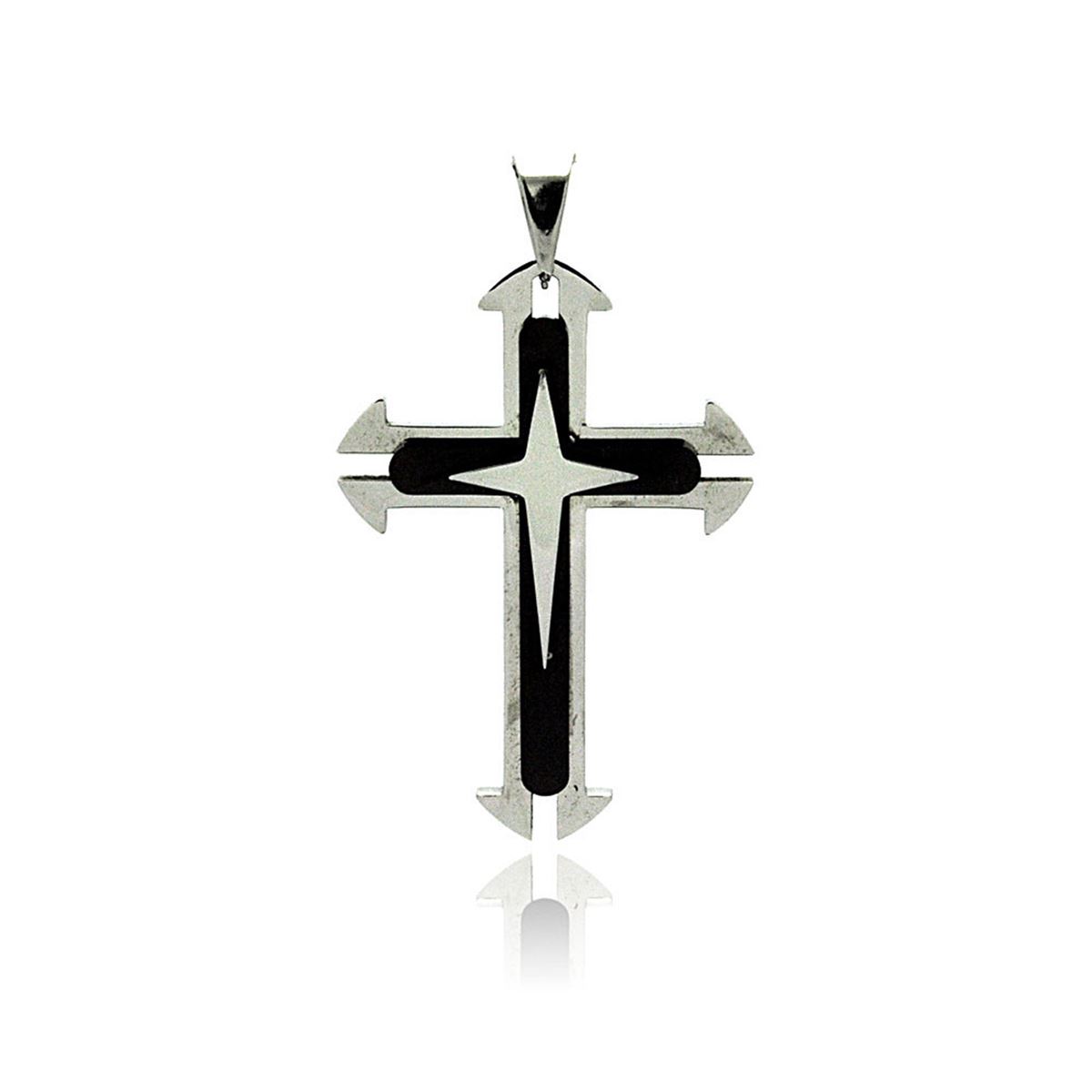 Stainless Steel Black Rhodium Plated Two Tone Triple Cross Charm