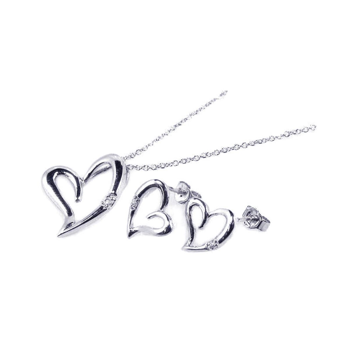 Basic Open Heart Set Sterling Silver Rhodium Plated Open Heart CZ Stud Earring & Necklace ...