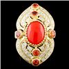 Image 1 : 14K Gold 3.02ct Coral & 1.35ctw Diamond Ring