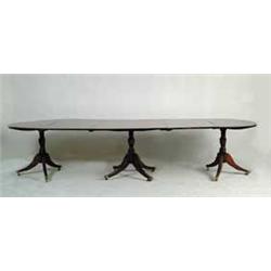 FINE ENGLISH SHERATON MAHOGANY THREE PEDESTAL DINING TABLE