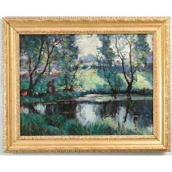 LOUIS CLESSE (Belgian, 1889-1961) LANDSCAPE WITH POND AND FIGURES