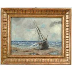 ATTRIBUTED TO GEORGE H. OR NORMAN RUSSELL (Canadian, 19th/20th Century) BEACH WITH SHIP AGROUND