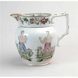 OUTSTANDING PEARLWARE JUG WITH BOXING SCENES