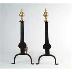 PAIR OF EARLY AMERICAN WROUGHT IRON AND BRASS KNIFE BLADE ANDIRONS