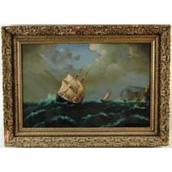 UNSIGNED (American, 19th Century) COASTAL SEASCAPE WITH SHIP