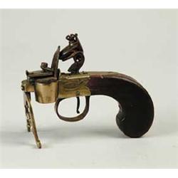 EARLY BRASS AND WOOD PISTOL FORM TINDER LIGHTER BY BURGESS