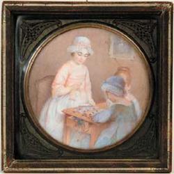 FINE PAINTING ON IVORY OF GIRLS PLAYING TABLETOP GAME IN BALEEN AND IVORY INLAID FRAME