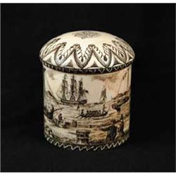 INTERESTING SCRIMSHAW DECORATED COVERED ROUND BOX