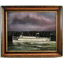 UNSIGNED OIL ON CANVAS OF THE RIVER STEAMSHIP "HOMER RAMSDELL".  