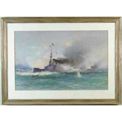 HENDRICK A. HALLETT (American, 1847-1921) “AMERICAN FLEET AS SPANISH FLEET LEAVES SANTIAGO HARBOR”