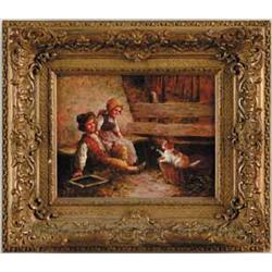 SIGNED (European School, 19th Century) BOY AND GIRL PLAYING WITH CAT