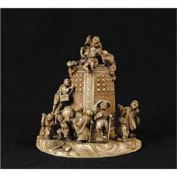 FINE ORIENTAL IVORY CARVING WITH TWELVE FIGURES