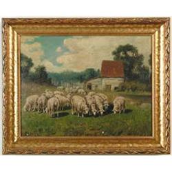 CHARLES T. PHELAN (American, 1840-?) SHEEP IN FARMYARD