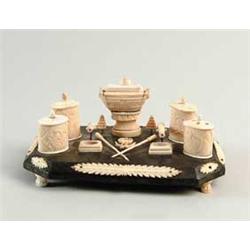 FRENCH PRISONER OF WAR BONE CARVED DESK SET WITH NAPOLEONIC THEME