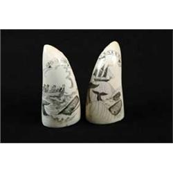 TWO SMALL ENGRAVED WHALE’S TEETH