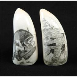 TWO ENGRAVED WHALE’S TEETH