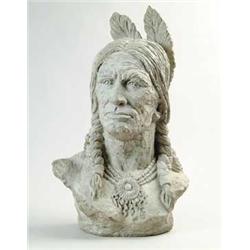 UNSIGNED CAST CRETE BUST OF INDIAN WARRIOR