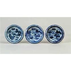 THREE CANTON BLUE AND WHITE BUTTER PATS