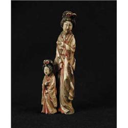 POLYCHROME IVORY FIGURE OF A WOMAN AND CHILD