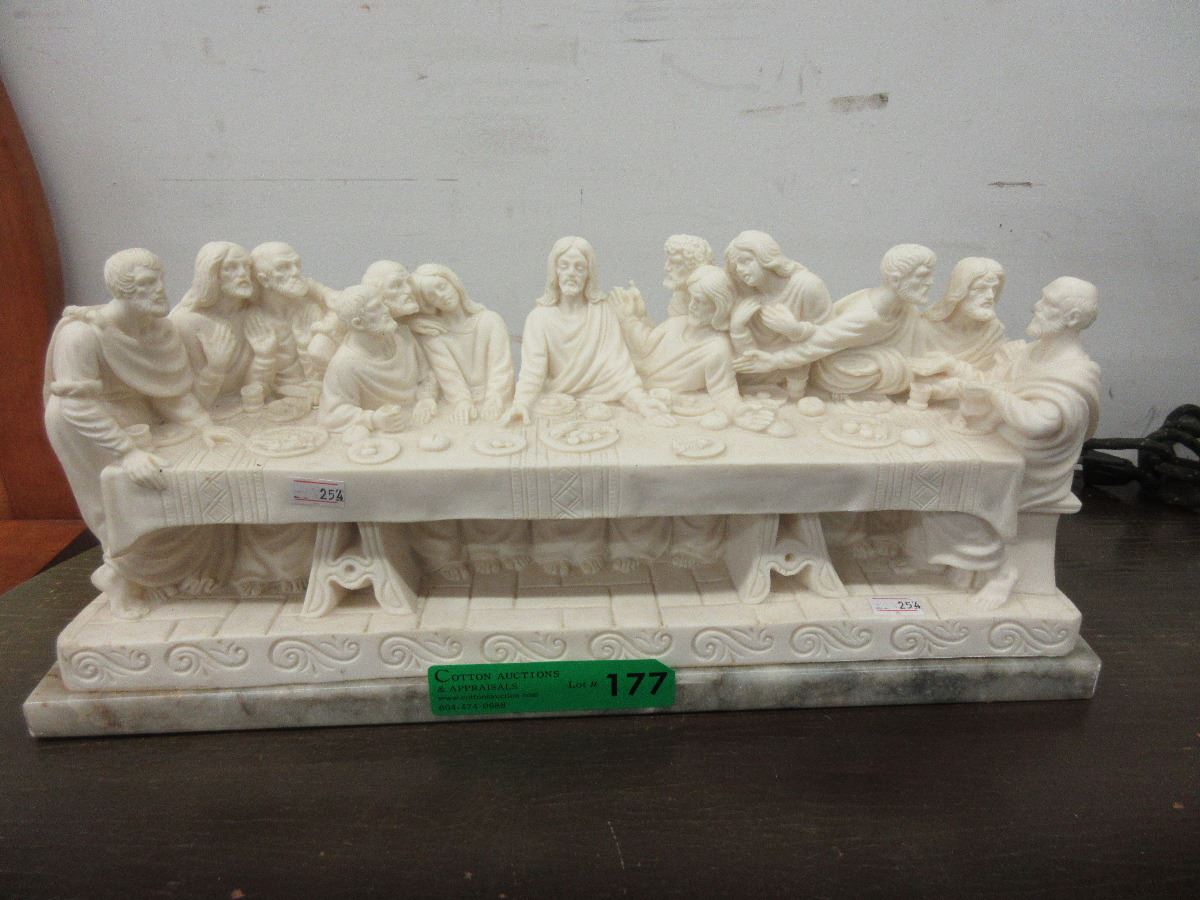Ceramic "Last Supper" statue on marble stand