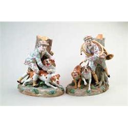 LARGE PAIR OF MEISSEN FIGURINES WITH DOGS AND PEOPLE