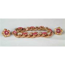 FINE 18K GOLD DIAMOND AND RUBY BRACELET WITH EARRINGS