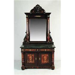 OUTSTANDING MARQUETRY INLAID AND EBONIZED ROSEWOOD CHEST WITH MIRROR ATTRIBUTED TO HERTER BROS