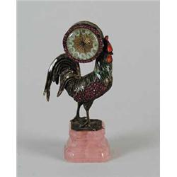 FINE ANTIQUE ENAMEL AND JEWEL FABERGE TYPE DECORATED FIGURAL MINIATURE CLOCK