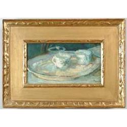 EDWARD CUCUEL (American, 1879-1951) STILL LIFE WITH TEACUPS AND ROUND TRAY