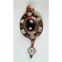 NICE ANTIQUE GOLD ENAMELED GARNET AND YELLOW SAPPHIRE PENDENT