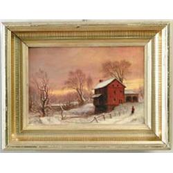 GEORGE HENRY DURRIE (American, 1820-1863) WINTER SUNSET OVER MILL