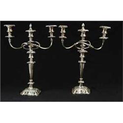 PAIR OF SHEFFIELD SILVER PLATED THREE BRANCH CANDELABRAS